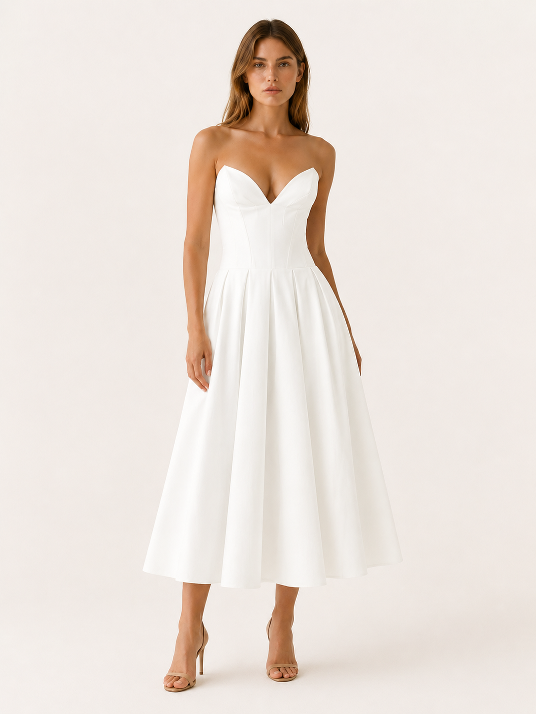 White Corset Midi Dress with Full Skirt – detail view
