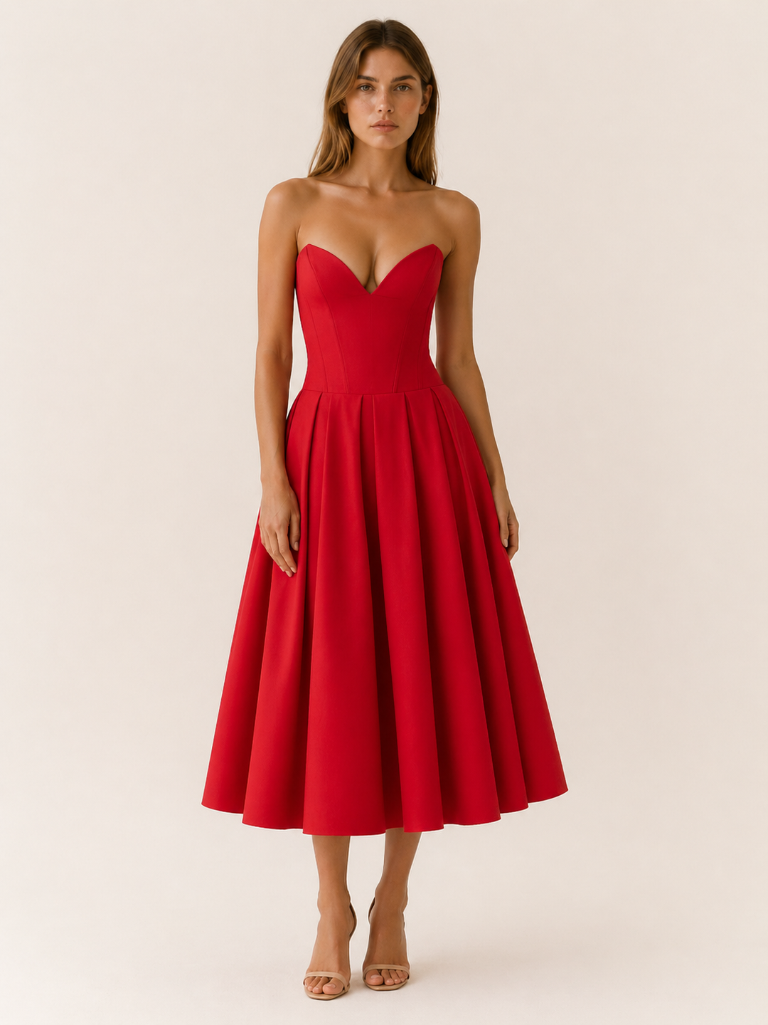 Black Corset Midi Dress with Full Skirt – full length view