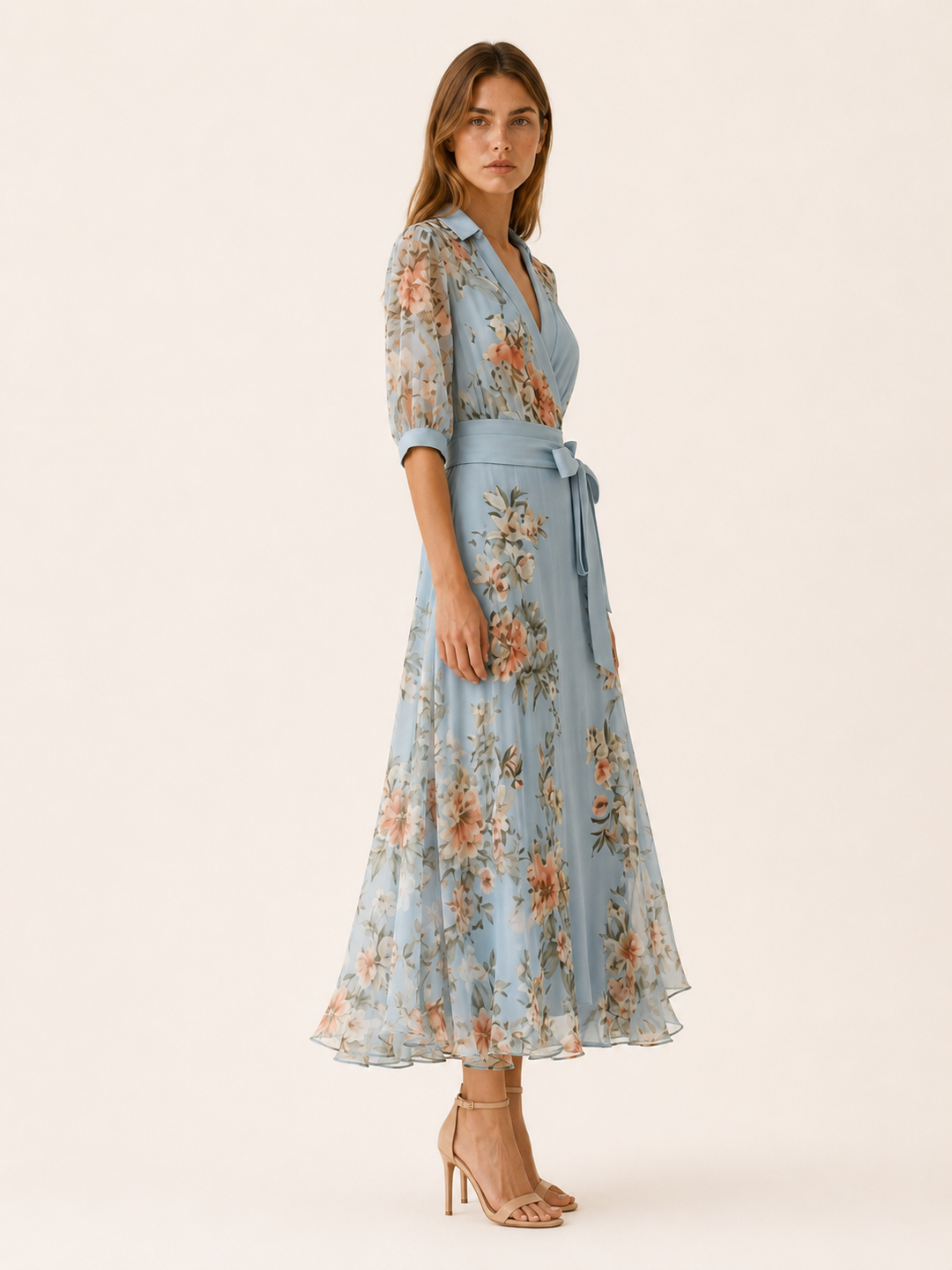 Blue Floral Maxi Dress with V Neck and Tie Waist – side view