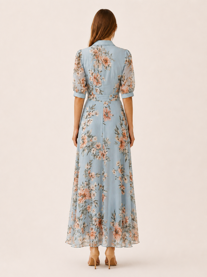Blue Floral Maxi Dress with V Neck and Tie Waist – detail view