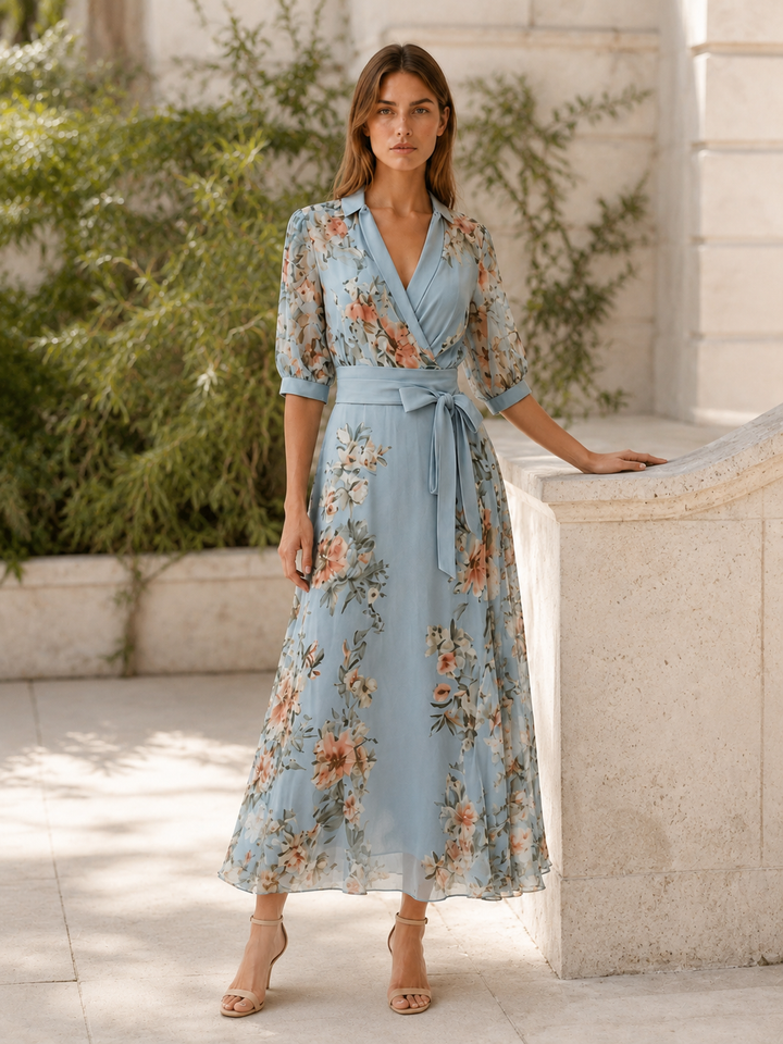 Blue Floral Maxi Dress with V Neck and Tie Waist – close-up