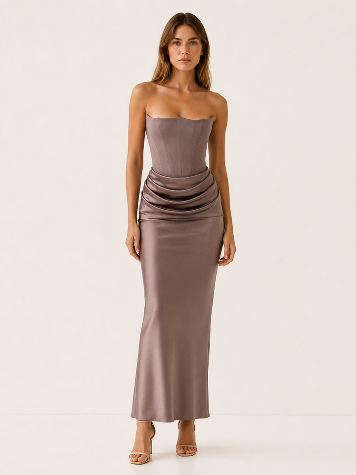 Brown Strapless Maxi Dress with Draped Waist – front view