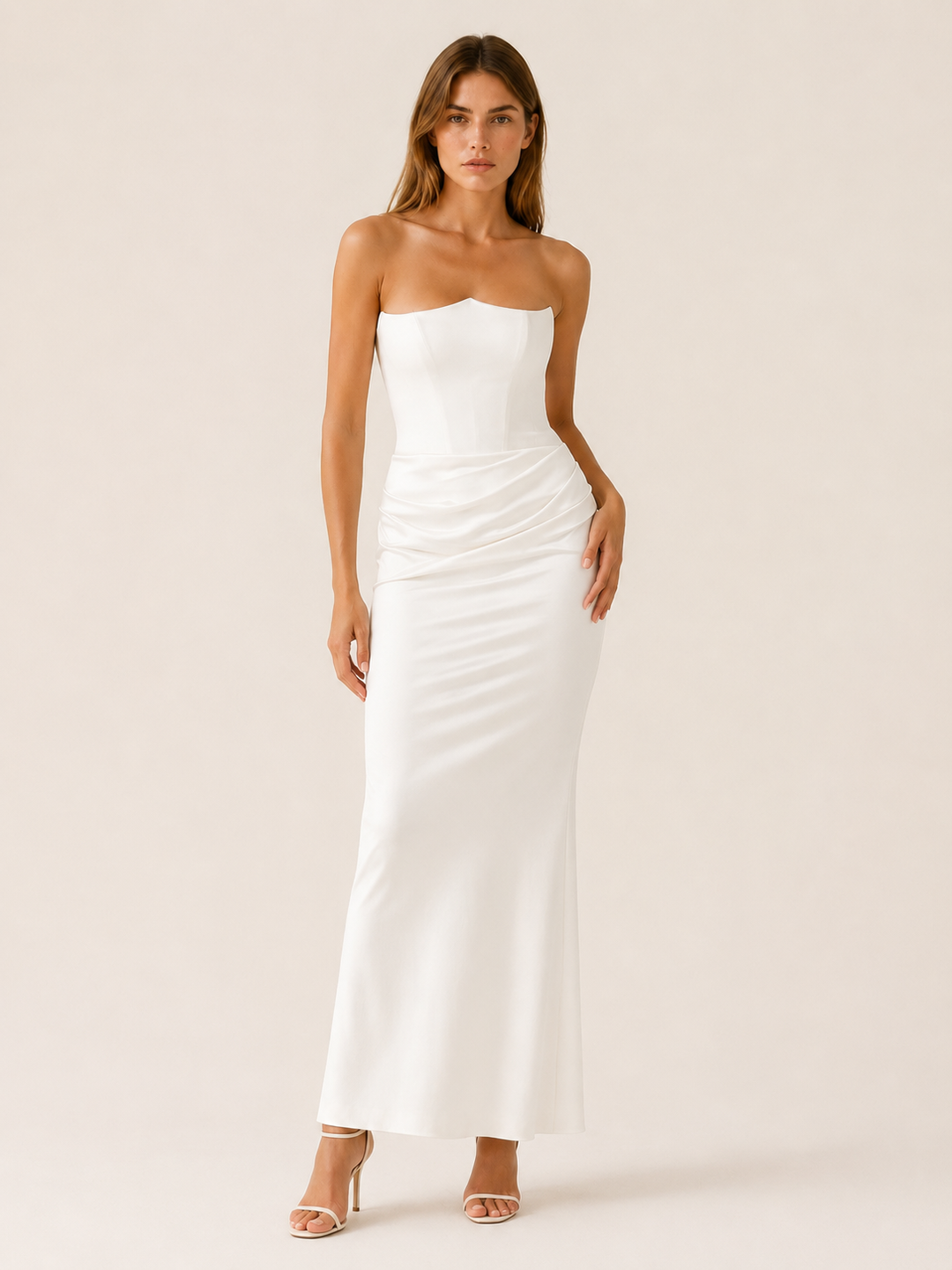 Brown Strapless Maxi Dress with Draped Waist – detail view