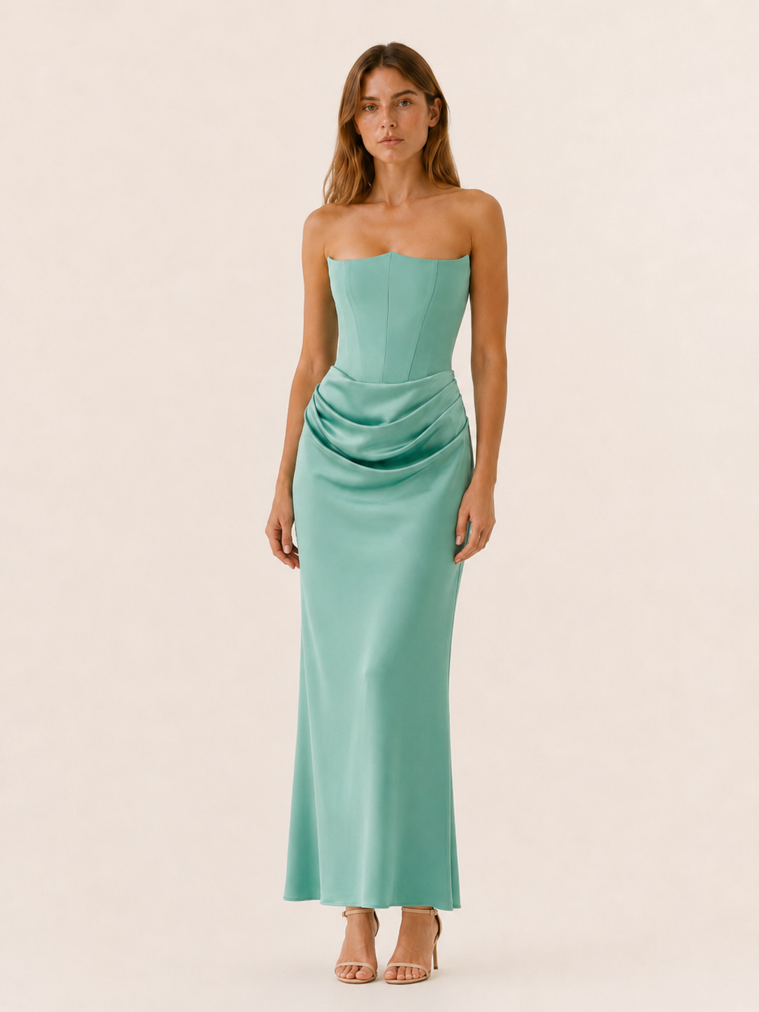 Brown Strapless Maxi Dress with Draped Waist – lifestyle