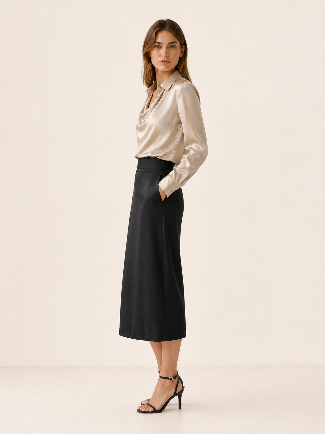 Silver Satin Top with Pleated Neckline – side view