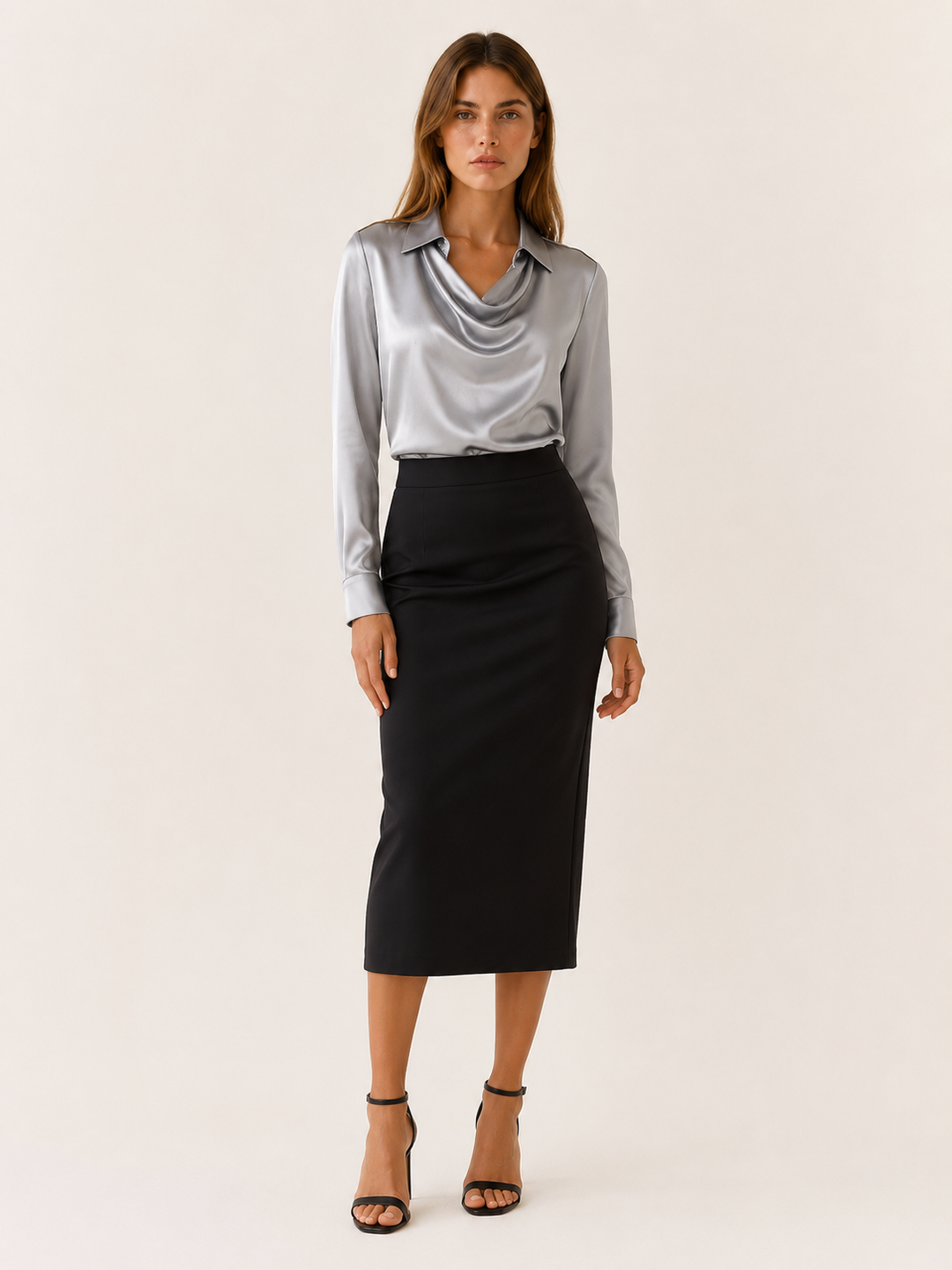 Silver Satin Top with Pleated Neckline – detail view