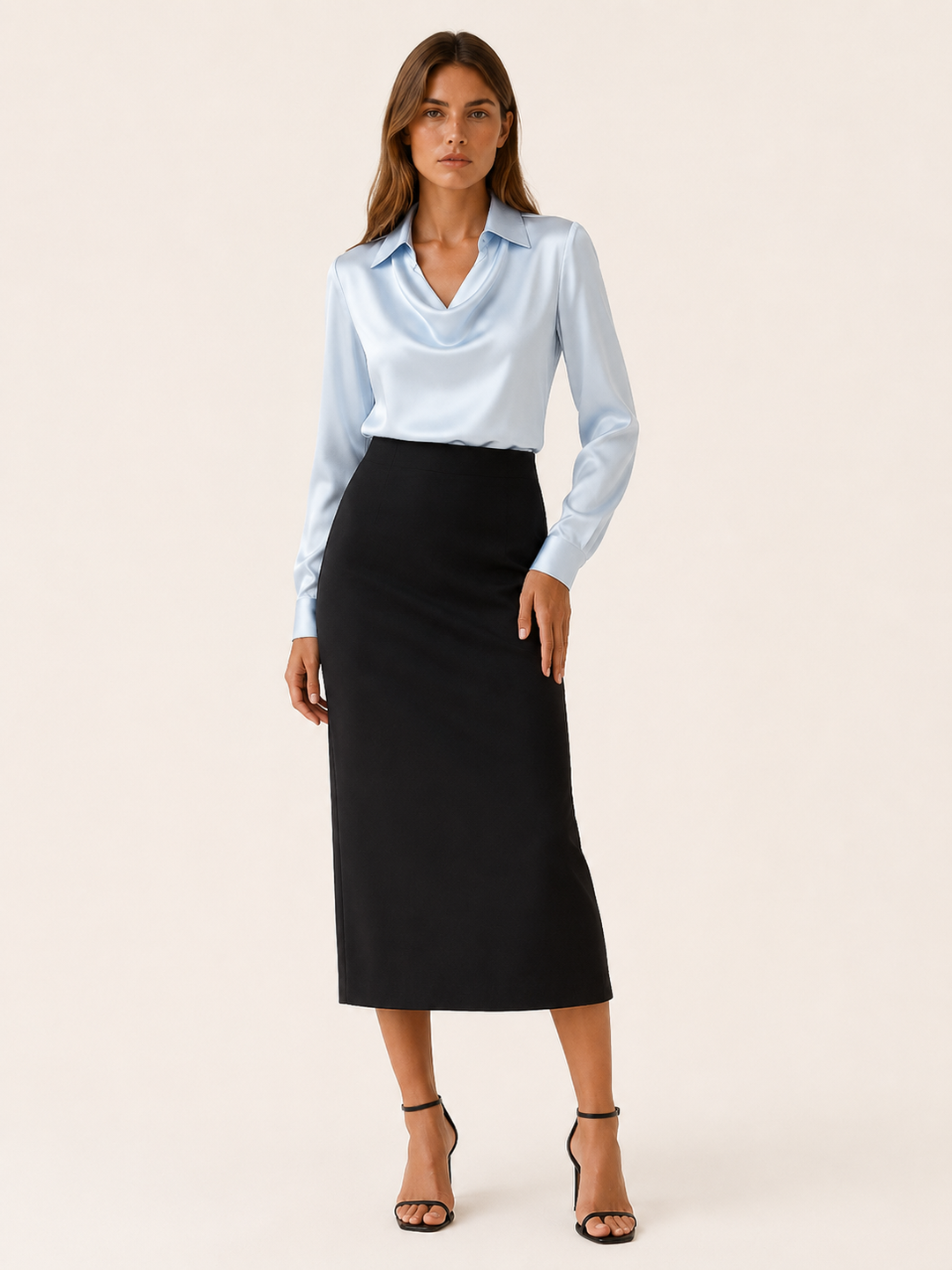 Silver Satin Top with Pleated Neckline – lifestyle