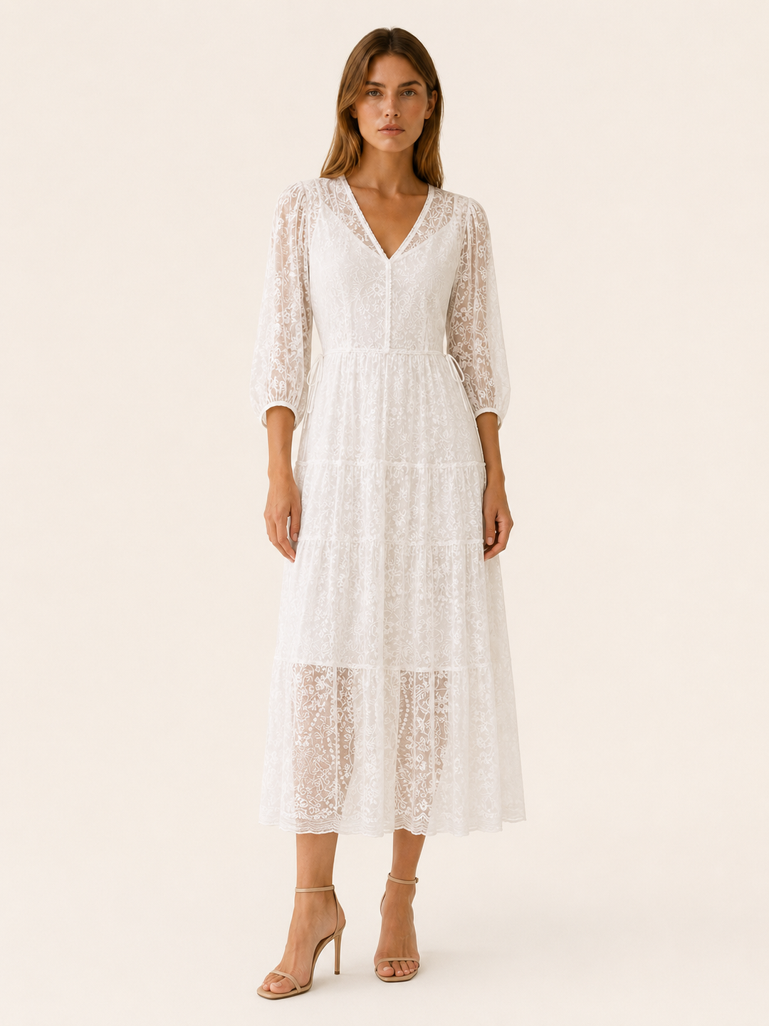White Lace Midi Dress with V Neck and Tie Waist – front view