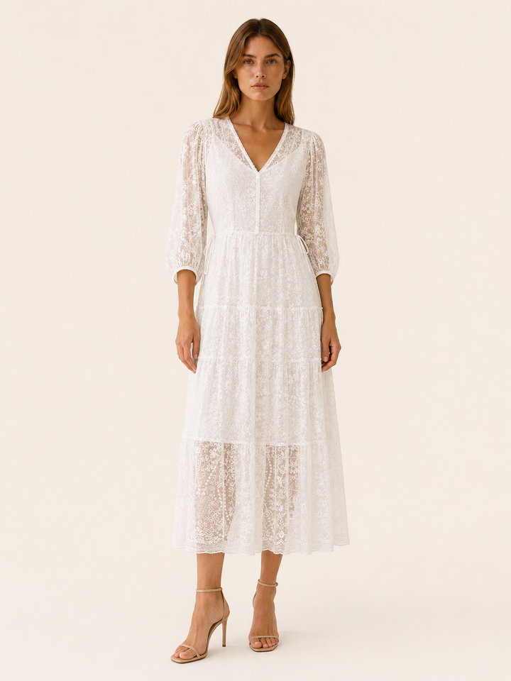 White Lace Midi Dress with V Neck and Tie Waist – front view