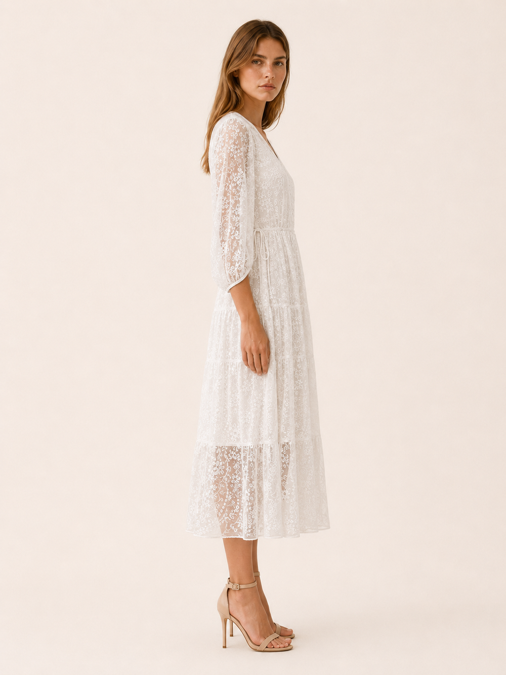 White Lace Midi Dress with V Neck and Tie Waist – side view