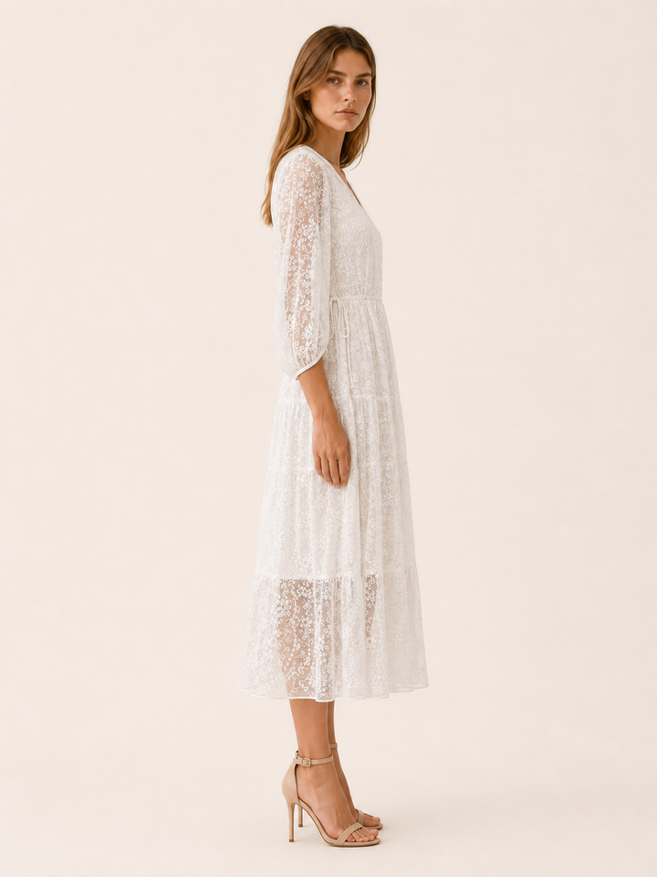 White Lace Midi Dress with V Neck and Tie Waist – side view