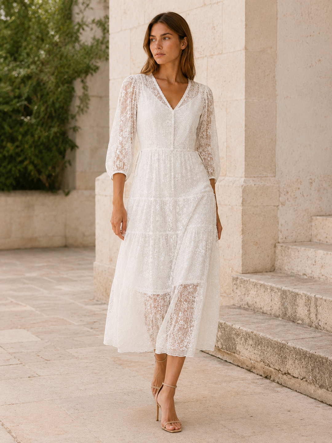 White Lace Midi Dress with V Neck and Tie Waist – close-up