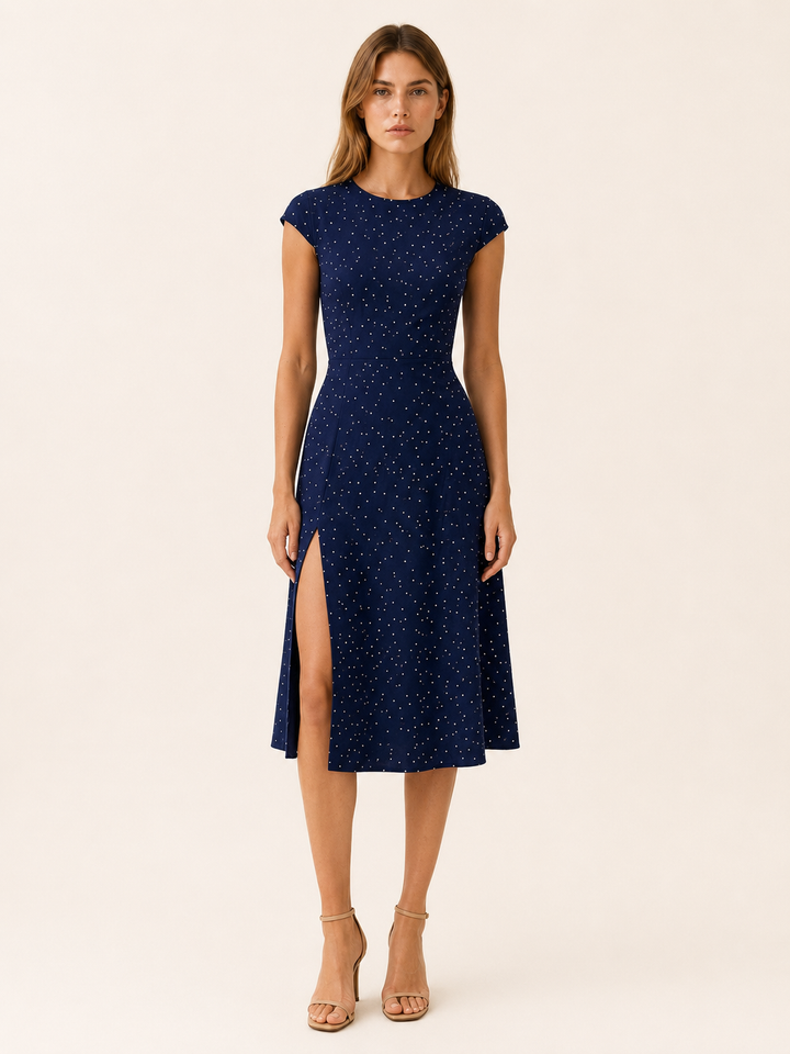 Navy Polka Dot Midi Dress with Cutout Back – front view