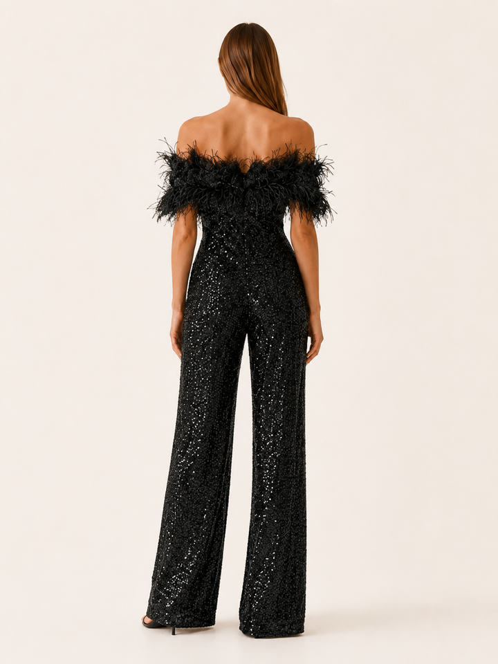 Zelie | Sequin Jumpsuit with Feather Trim