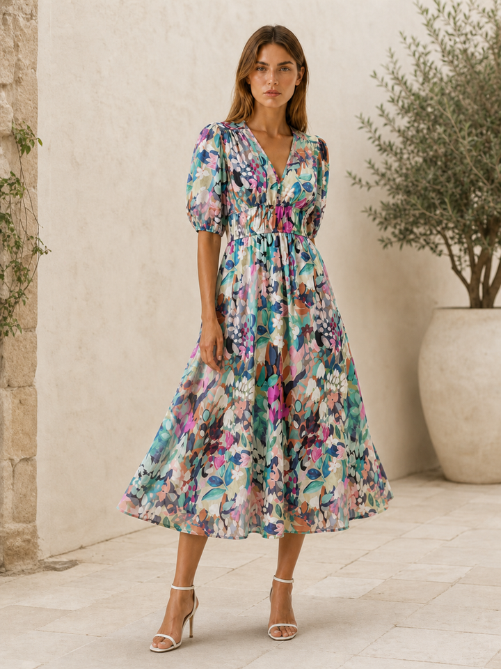 Black Floral Midi Dress with V-Neck – back view
