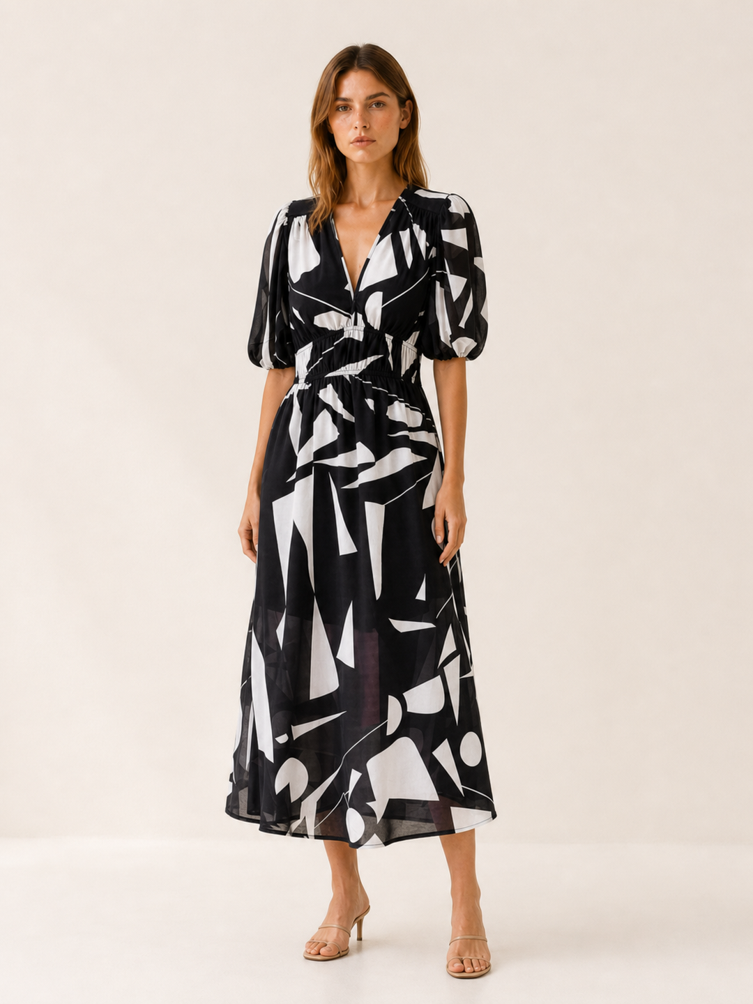 Blue Floral Midi Dress with V-Neck – close-up