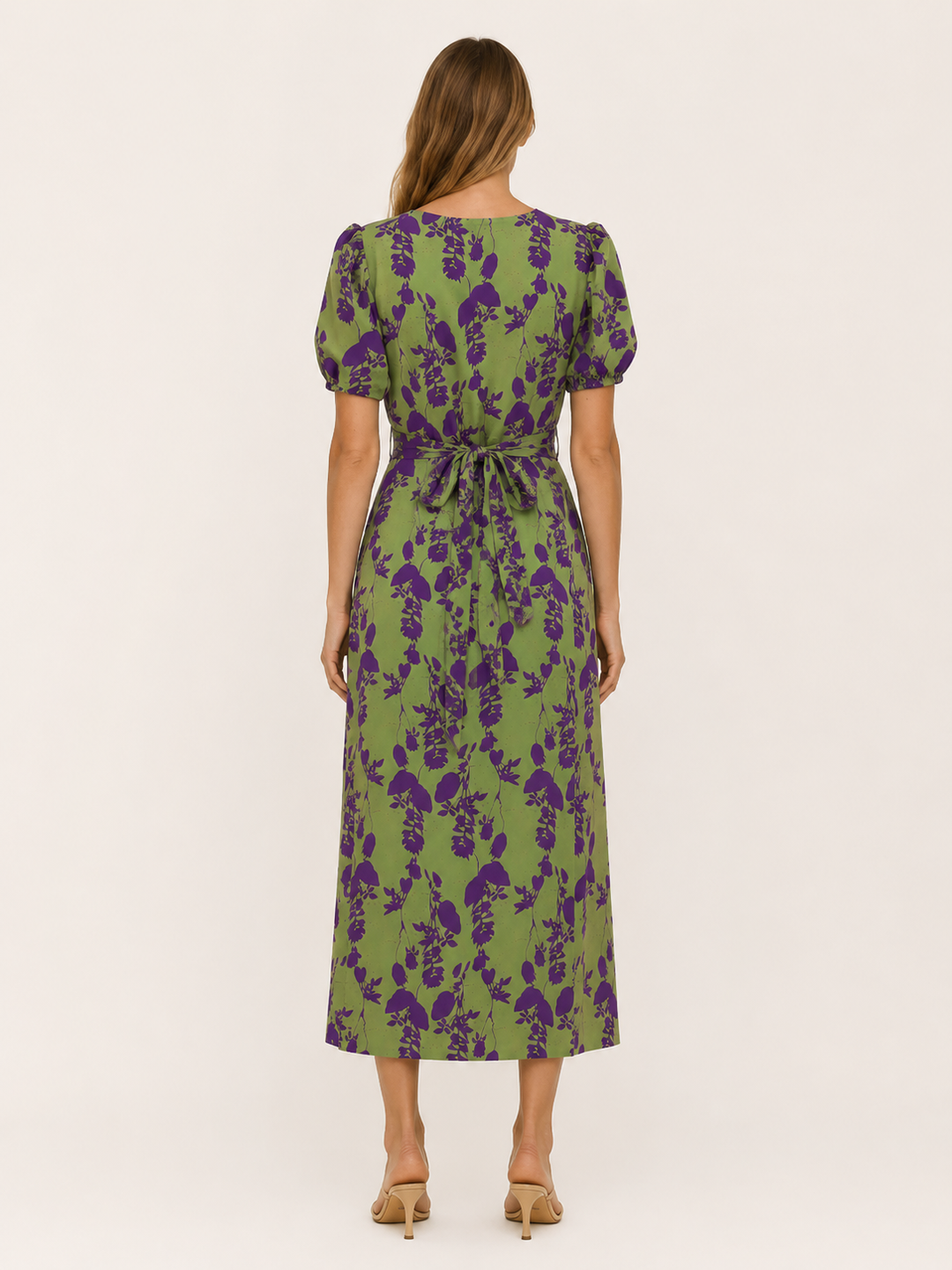 Green Floral Midi Dress with Twist Front – side view