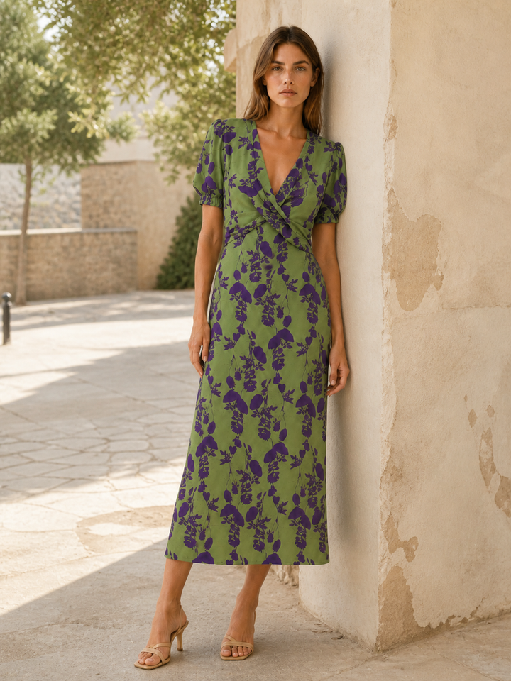 Green Floral Midi Dress with Twist Front – back view