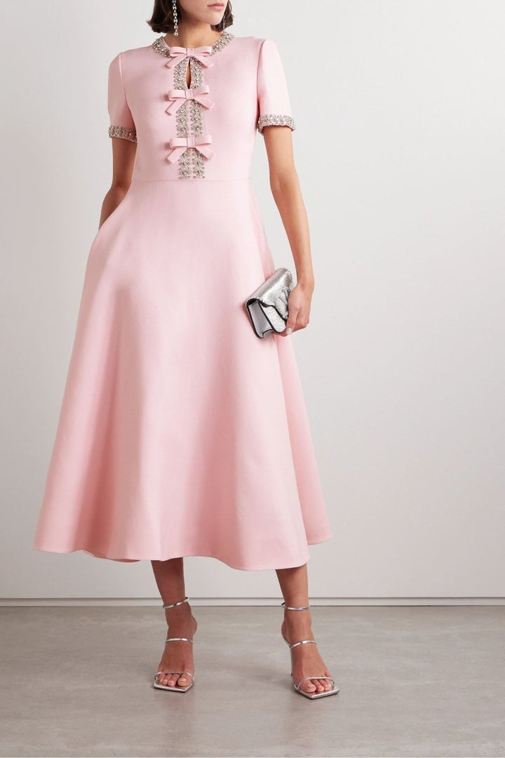 Zoe Bow with Crystal Embellished Midi Dress Pink — front view