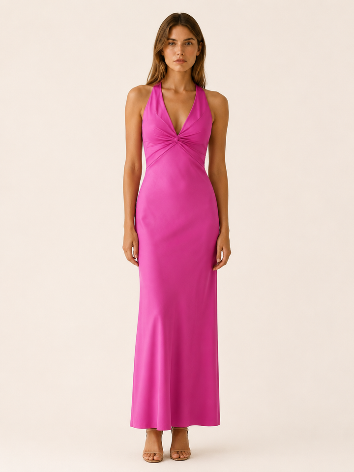 Yellow Halter Maxi Dress with V Neck and Tie Back – lifestyle