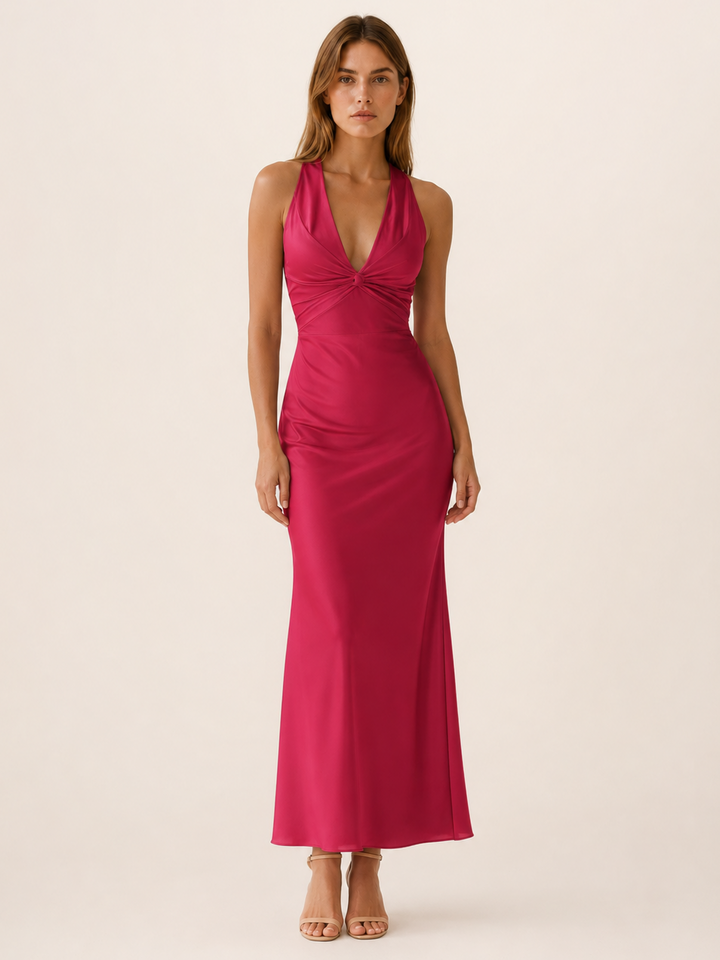 Yellow Halter Maxi Dress with V Neck and Tie Back – full length view