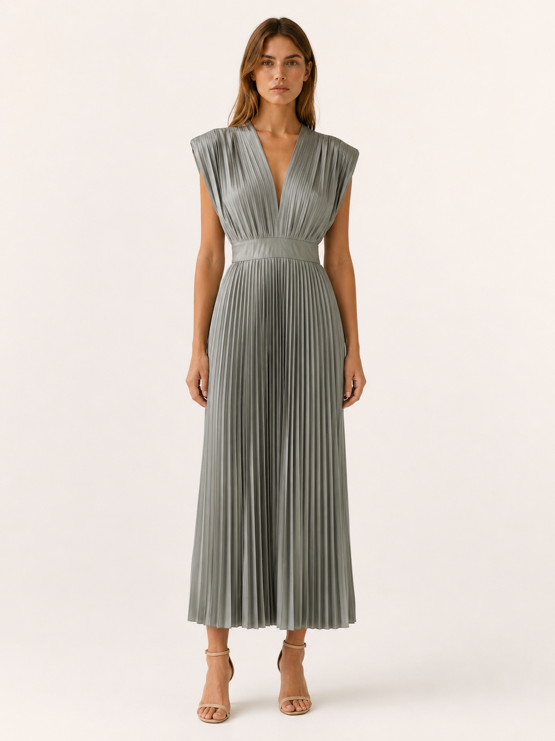 Olive Pleated Midi Dress with V Neck – front view