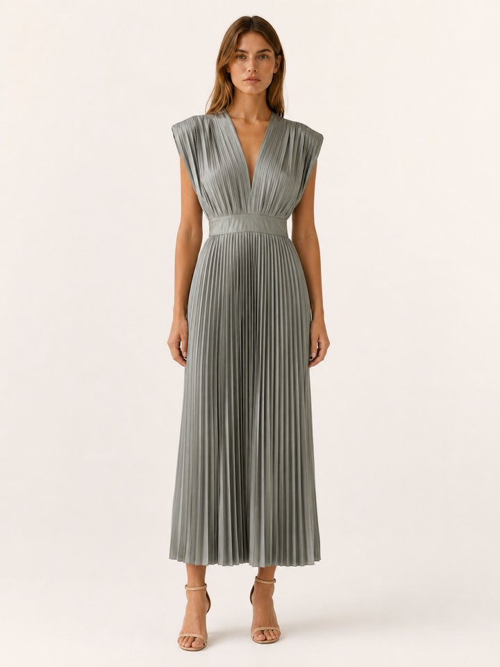 Olive Pleated Midi Dress with V Neck – front view