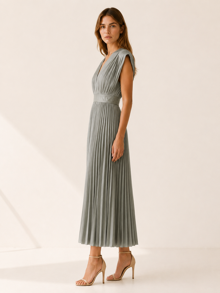 Champagne Pleated Midi Dress with V Neck – side view