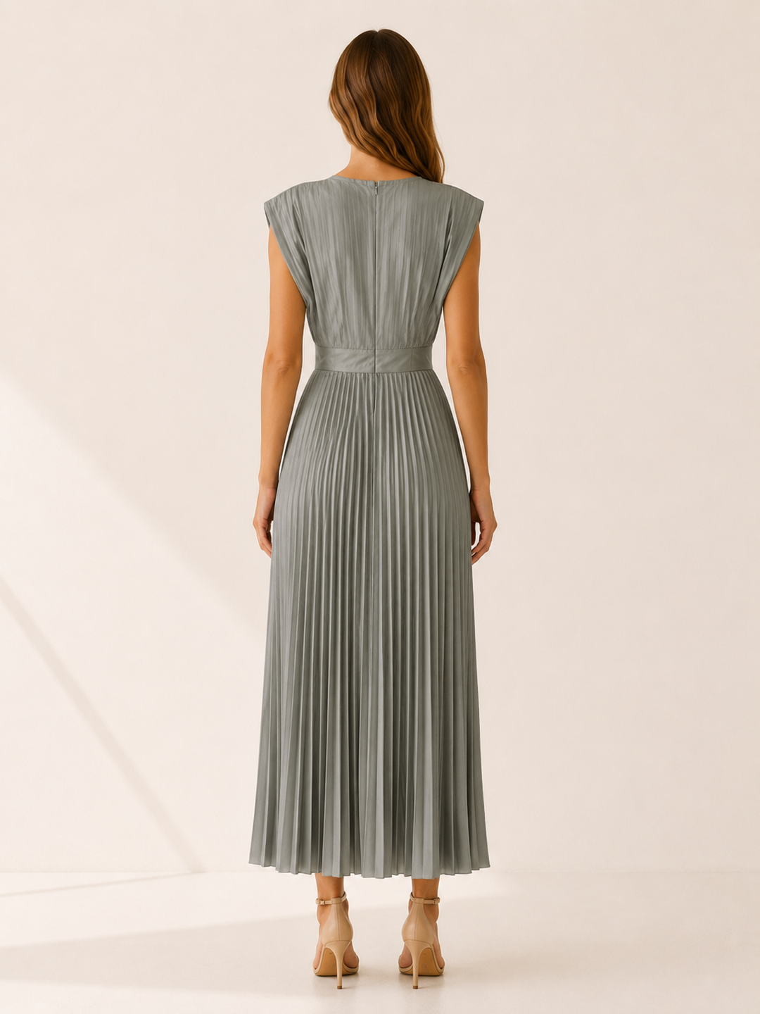 Pink Red Pleated Midi Dress with V Neck – back view