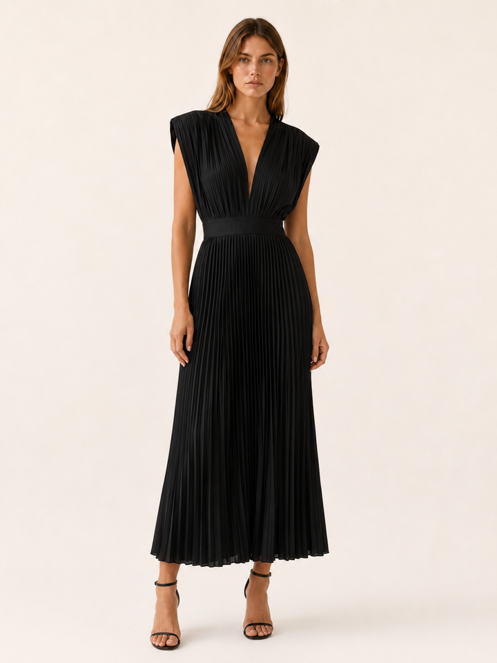 Champagne Pleated Midi Dress with V Neck – angled view